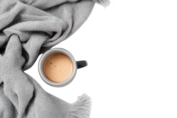 Cozy coffee cup and gray wool blanket