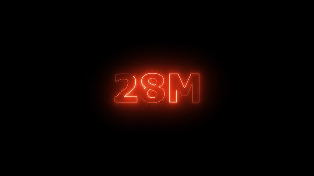  Neon 28M Animated Text.Glowing Neon 28M Countdown Animation .Bright Motion Typography for Timers, Events, and Digital Media Projects

