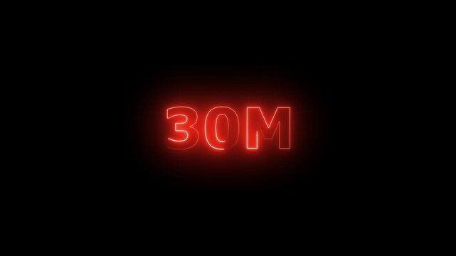  Neon 30M Animated Text.Glowing Neon 30M Countdown Animation .Bright Motion Typography for Timers, Events, and Digital Media Projects

