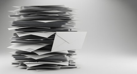 Overwhelmed Person with Large Stack of Papers and Envelopes in Minimalist Office Scene