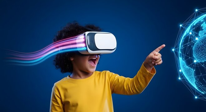 Beta Generation Immersive virtual reality experience for a child, exploring digital world and technology with a VR headset