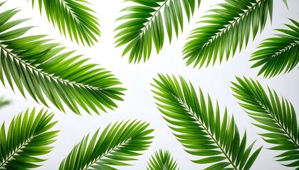 Obraz premium Green Palm Leaves Pattern on White Background for Tropical and Nature Design