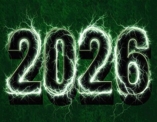 Bold numbers 2026 surrounded by electric lightning on a dark green background