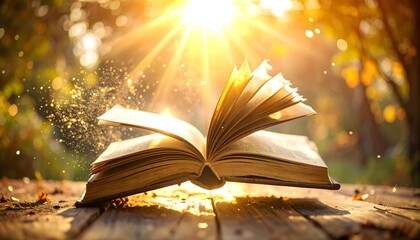Open Book with Sunlight Sparkles in Warm Autumn Forest Setting