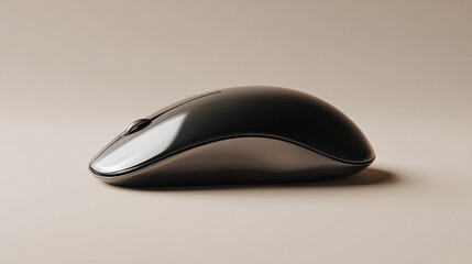 close-up of single streamlined black ergonomic mouse on pale neutral background, clean matte finish, minimalist Cyber Monday electronics theme with blank space