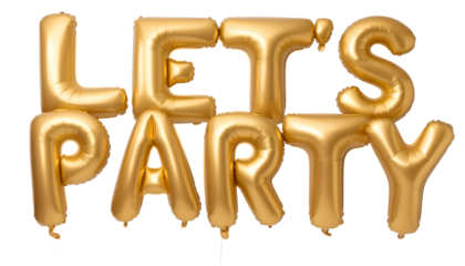 Let’s Party Balloons PNG, Metallic Shiny Balloons with Party Text, Transparent Background, Celebration and Event Decoration