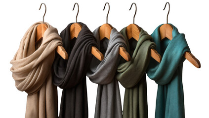 Four scarves in muted colors, hanging on wooden hangers