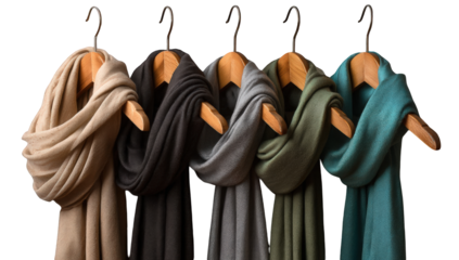 Four scarves in muted colors, hanging on wooden hangers