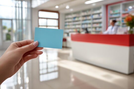 Hand holding blank light-blue card in pharmacy - Powered by Adobe