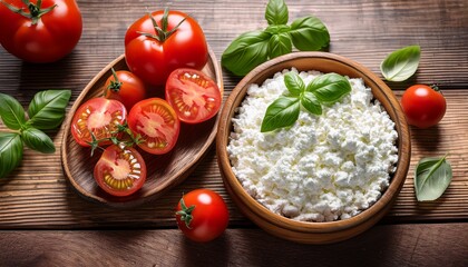 wooden table with cottage cheese tomatoes and basil food photography
