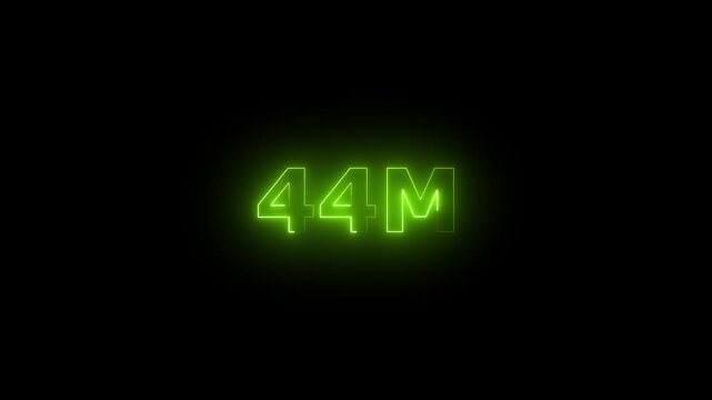  Neon 44M Animated Text.Glowing Neon 44M Countdown Animation .Bright Motion Typography for Timers, Events, and Digital Media Projects

