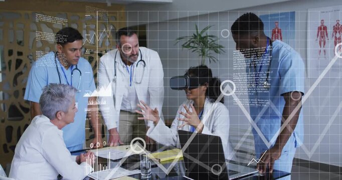 Doctor donning VR headset initiating medical 3D charts adjusting patient metrics for team review