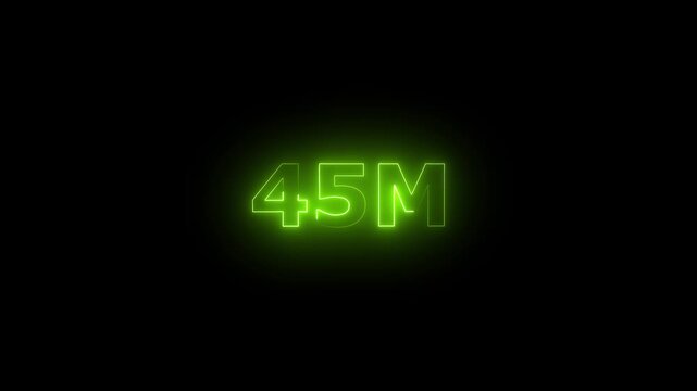  Neon 45M Animated Text.Glowing Neon 45M Countdown Animation .Bright Motion Typography for Timers, Events, and Digital Media Projects

