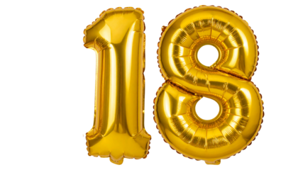 18 Year Balloons PNG, Golden Number Balloons for Birthday Celebration, Transparent Background, Party Decoration