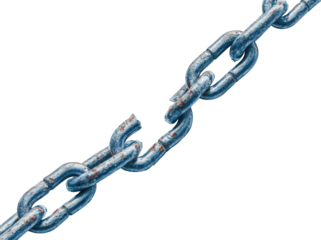 A weathered metal chain with a broken link against a black background