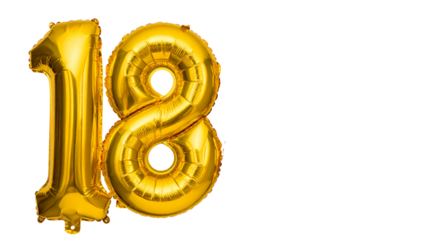 18 Year Balloons PNG, Golden Number Balloons for Birthday Celebration, Transparent Background, Party Decoration