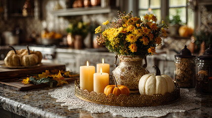 Autumn-themed still life with yellow and orange flowrs, pumpkins, and candles n a gold tray in a kitchen