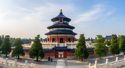 Obraz premium Panoramic view of the iconic Temple of Heaven, an ancient imperial complex and famous tourist landmark in Beijing, China