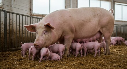 Mother pig and piglets nursing in a barn, representing farm life, agriculture, and animal husbandry with a focus on livestock