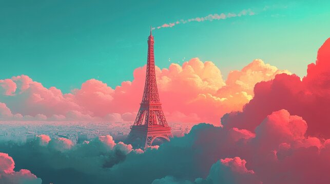 Stunning View of Eiffel Tower Surrounded by Colorful Clouds at Sunset