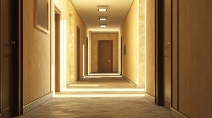Fototapeta premium Bright and Inviting Hotel Corridor with Warm Lighting and Doors