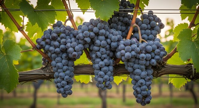 Captivating close-up of ripe, succulent grapes on a vine, ready for harvest in a sun-drenched vineyard
