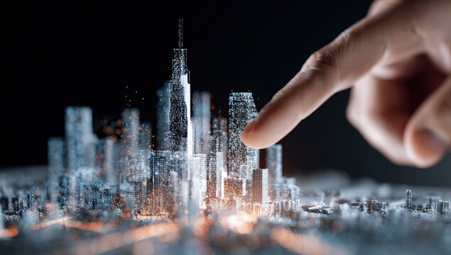 A hand points at a digital city model - Powered by Adobe