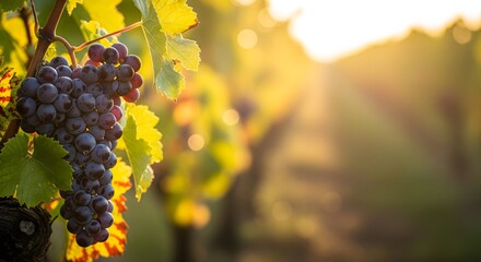 Grapevine with Ripe Dark Purple Grapes in a Sunlit Vineyard During Golden Hour