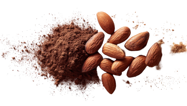 Almonds and cocoa powder, a dynamic food graphic