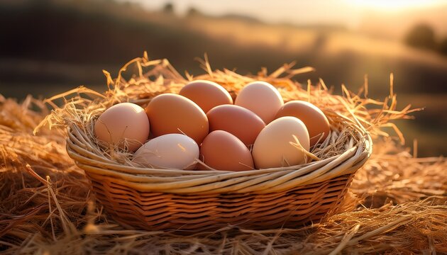 close up of woven basket filled with colorful farm fresh eggs nestled in natural straw texture with warm sunlight creating cozy rustic countryside atmosphere farm fresh eggs