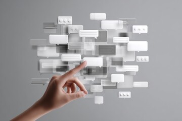 Hand interacting with a cluster of translucent speech bubbles