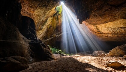 light rays illuminate cave with rocky walls and dark shadows