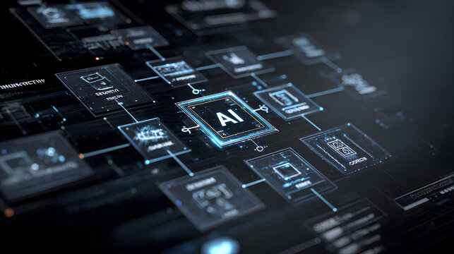 AI workflow automation artificial intelligence software interface nodes triggers data tool dashboard coding icon flow process technology 3d rendering. Stock Illustration