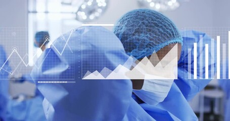 Surgeon securing cap straps in OR, activating line graph, area or bar chart with world map overlays - Powered by Adobe