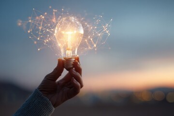 Hand holds glowing lightbulb, network graphic overlays
