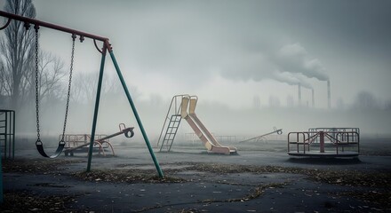 Abandoned Playground with Swings Slide and Seesaw in Foggy Outdoor Setting