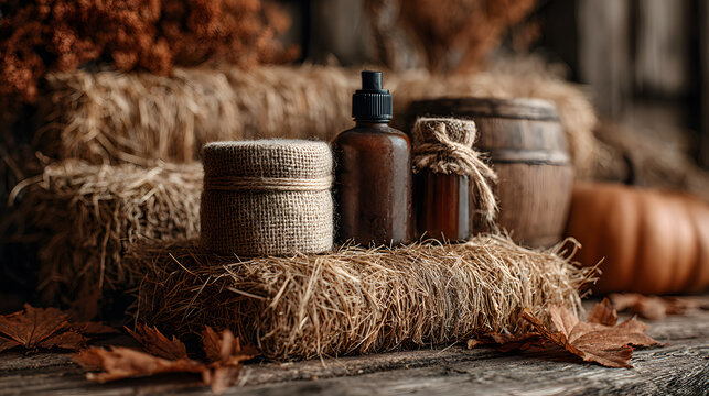 Autumn-themed spa products on hay bales with fall leves, warm and soothing natral skincare setup.