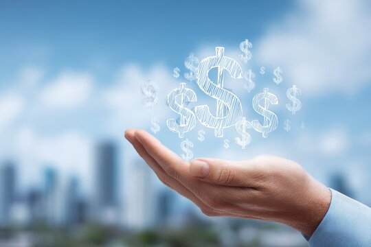 A hand holds floating dollar signs against a cityscape