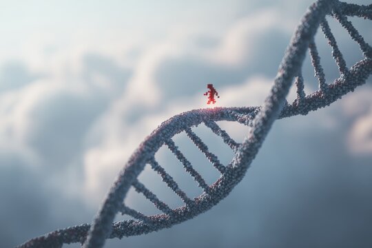 Tiny figure walks DNA helix against a cloudy sky