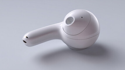 close-up of single compact in-ear wireless headphone with subtle texture on pale backdrop, crisp ergonomic shape, minimalist electronics theme with blank space