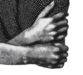 Close-up grayscale image of folded arms