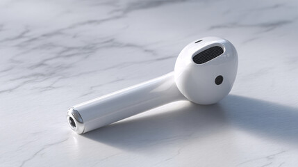 close-up of single white wireless earbud with refined design on matte light surface, fine construction detail, clean Cyber Monday gadget concept with lots of empty space
