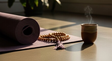 Rolled yoga mat, wooden beads, and teacup