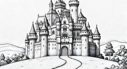 Obraz premium Black and White Illustration of a Fantasy Castle on Hilltop with Surrounding Trees