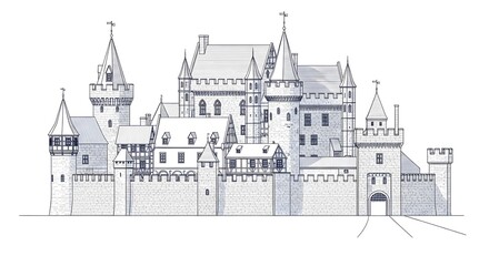 Detailed Blueprints of Medieval Castle with Towers and Walls for Architectural Design