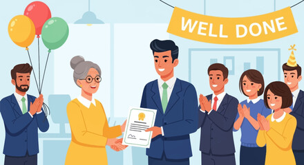 A group of colleagues congratulates an elderly woman holding an award certificate in an office setting with balloons and a "Well Done" banner.