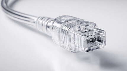 close-up of single clear ethernet cable plug with sharp molded details on smooth white backdrop, fine transparent texture, minimalist modern connectivity theme with ample negative space