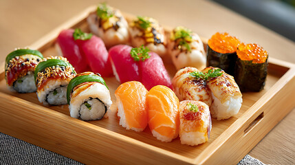 Delicious Sushi Platter Featuring Assorted Rolls and Sashimi Served on a Wooden Board in a Cozy Dining Setting