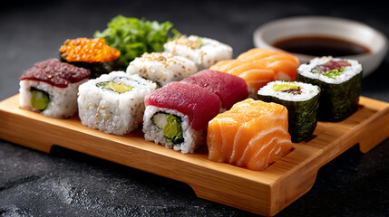Sushi Platter Featuring a Variety of Rolls and Garnishes Served on a Wooden Board With Soy Sauce