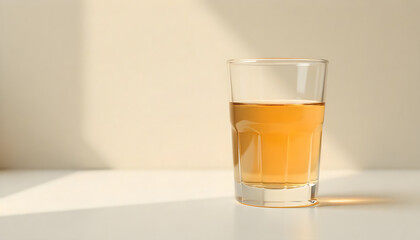 Clear Glass of Golden Liquid Beverage on White Table with Natural Light